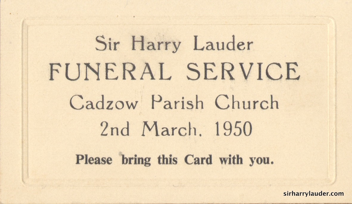 Admission Card To Funeral Service Of Sir Harry Lauder 2nd Mar 1950