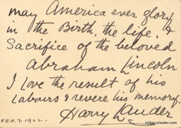 Card Handwritten Sir Harry On Abraham Lincoln Dated Feb 1922