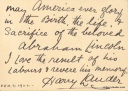 Card Handwritten Sir Harry On Abraham Lincoln Dated Feb 1922