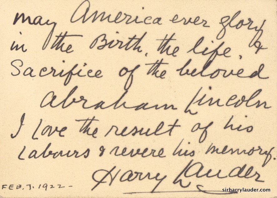 Card Handwritten Sir Harry On Abraham Lincoln Dated Feb 1922