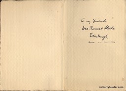 Card With Photo Of Sir Harry & Greta Lauder Inscribed and Signed By Sir Harry To Lord Provost Steele Undated