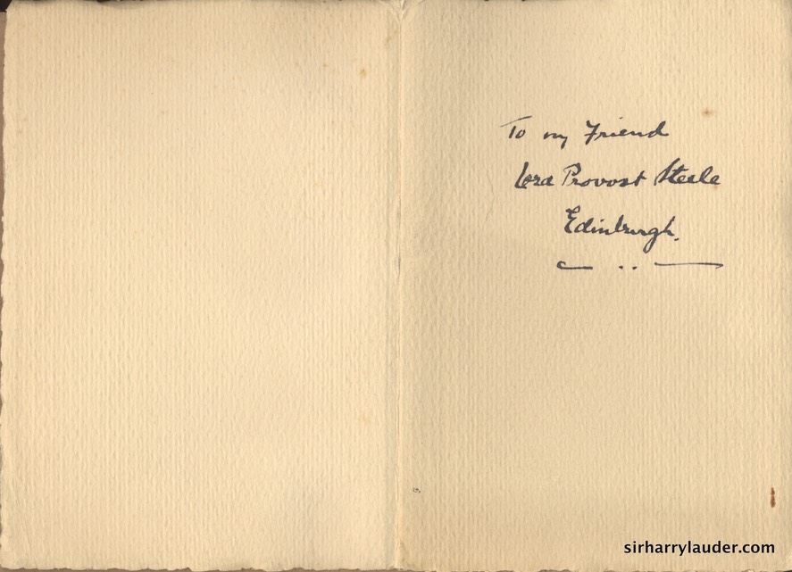 Card With Photo Of Sir Harry & Greta Lauder Inscribed and Signed By Sir Harry To Lord Provost Steele Undated
