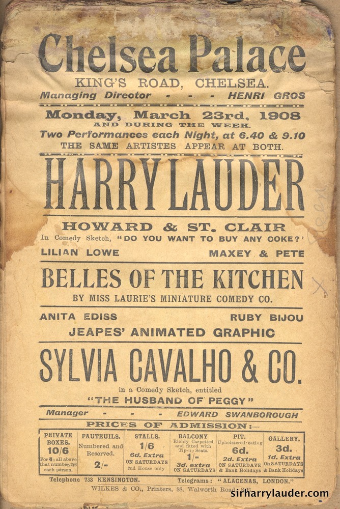 Chelsea Palace London Programme Single Sheet March 23 1908