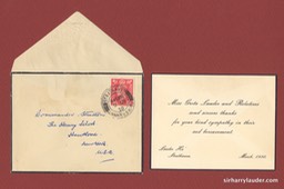 Condolence Acknowledgement Of Death of Sir Harry With Envelope March 1950