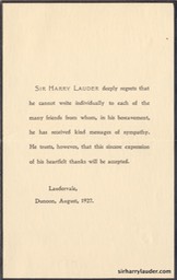 Condolence Acknowledgement Of Death of Lady Lauder August 1927