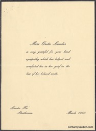 Condolence Acknowledgement Of Death of Sir Harry March 1950