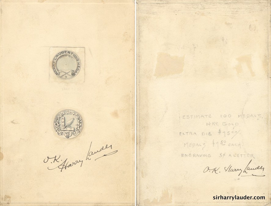 Design Of Medal For Harry Lauder Fund Front & Back Approved By Sir Harry Undated