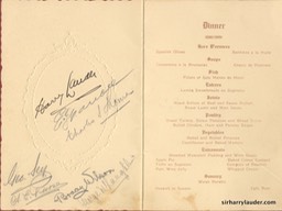 Dinner Menu Dinner For Sir Harry & Lady Lauder Canterbury Caledonian Society Signed Inside Dated Jun 15 1923 Inside