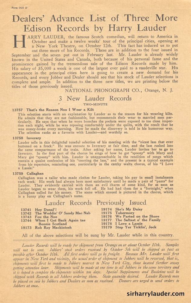 Edison Company Advance Dealers List Lauder Records 1909