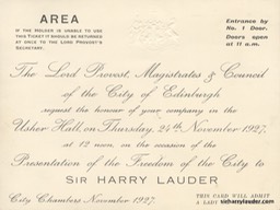 Embossed & Engraved Invitation Card To Presentation Of Freedom Of The City Of Edinburgh 24 Nov 1927