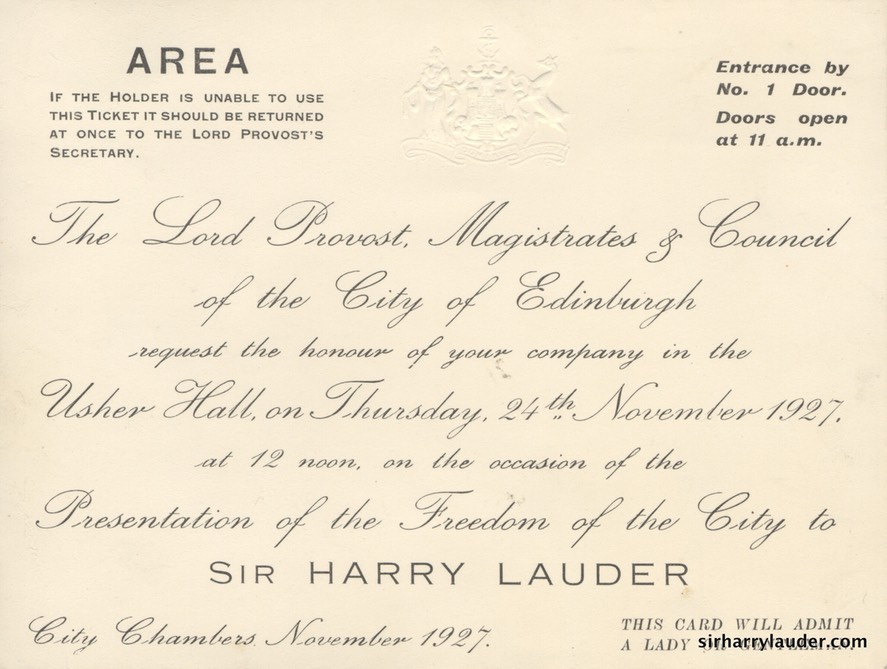 Embossed & Engraved Invitation Card To Presentation Of Freedom Of The City Of Edinburgh 24 Nov 1927