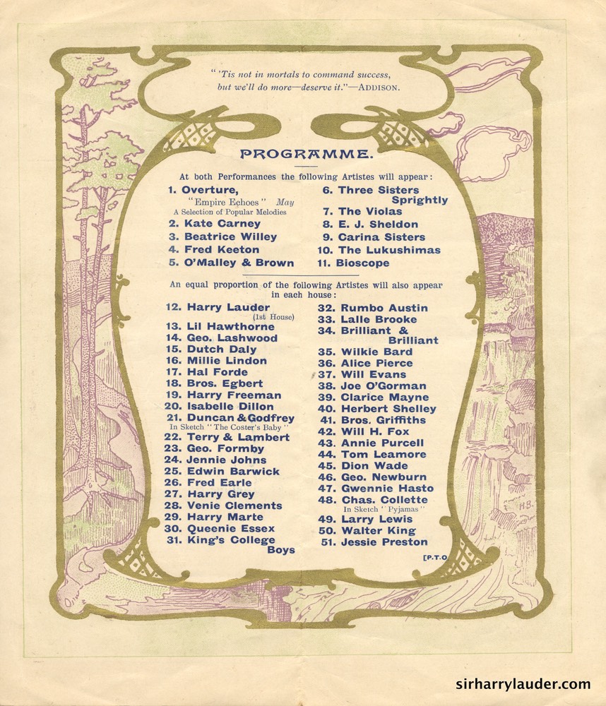 Empire Shepherd's Bush London Programme Bi-Fold Aug 23 1907 Reverse
