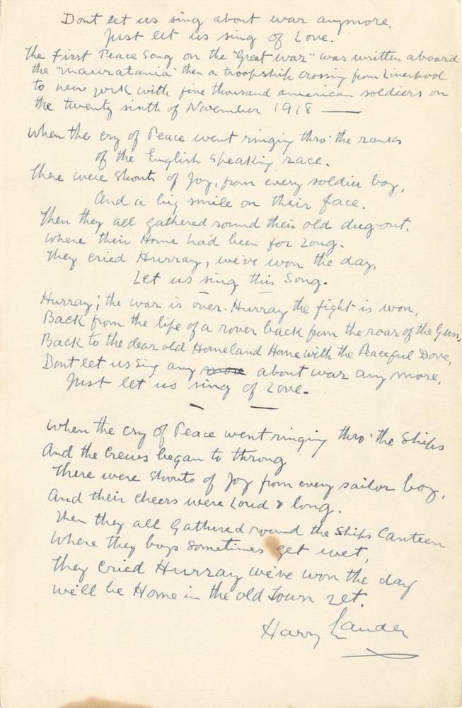 Handwritten Verse Dont Let Us Sing About War Signed Undated