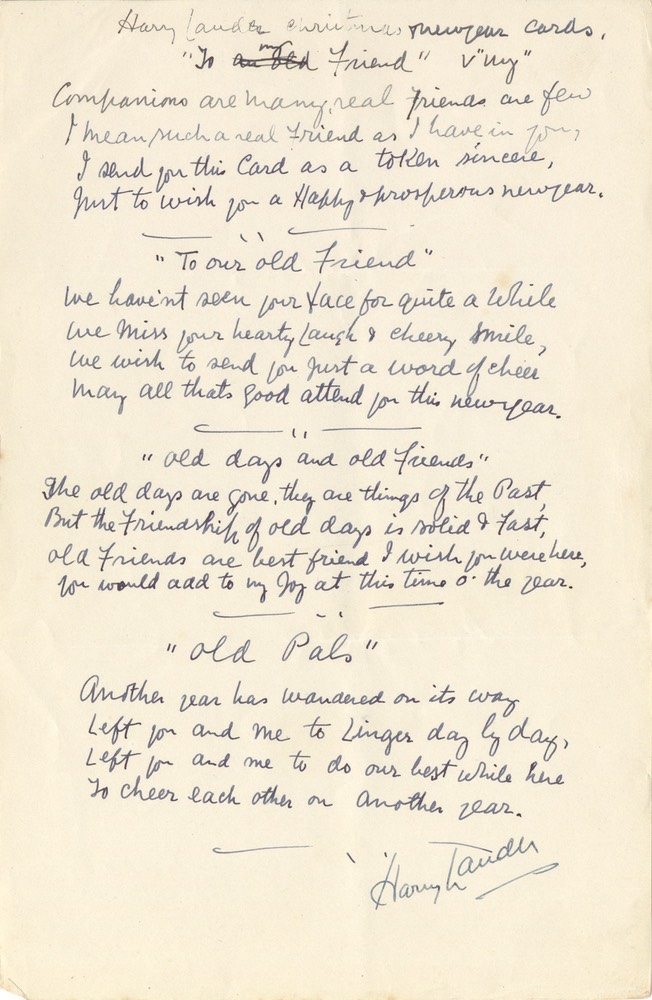 Handwritten Verse The Harry Lauder Christmas & New Years Series Postcards -2 Signed Undated