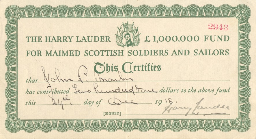 Harry Lauder Fund Certificate Signed By Sir Harry Dated 24 Dec 1918