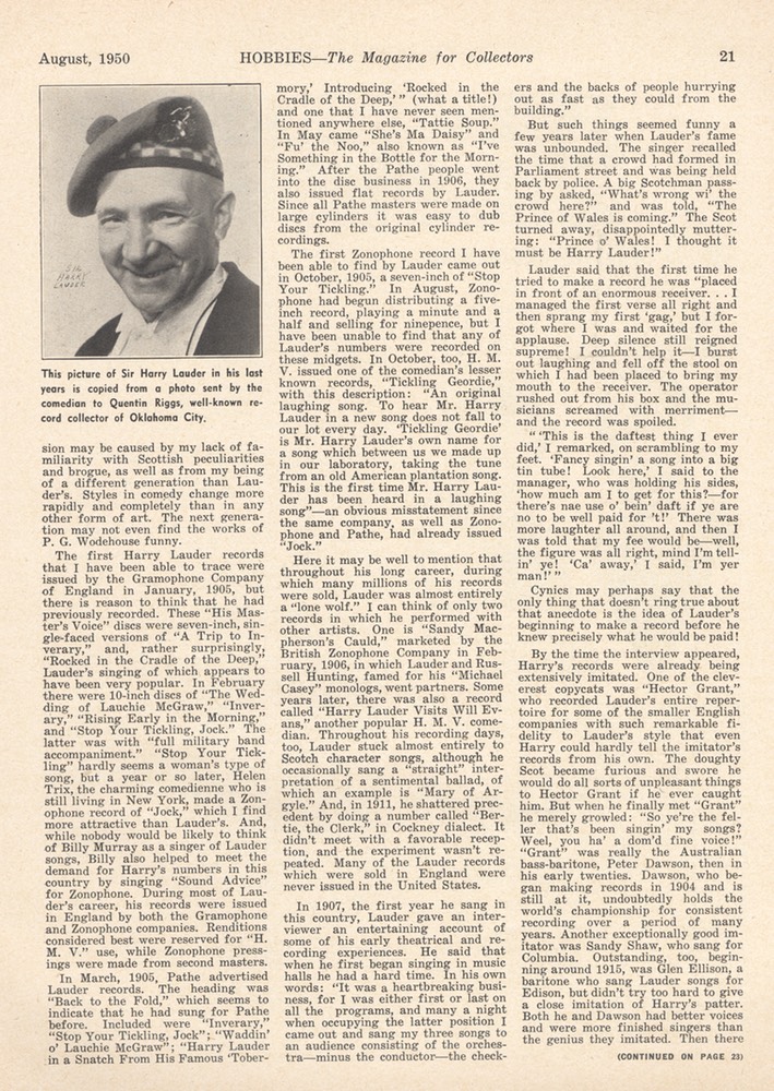 Hobbies Magazine Jim Walsh Pioneer Recording Artist Harry Lauder August 1950 -2