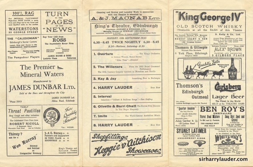 Kings Theatre Edinburgh Tri Fold Programme Sep 11 1933 Reverse