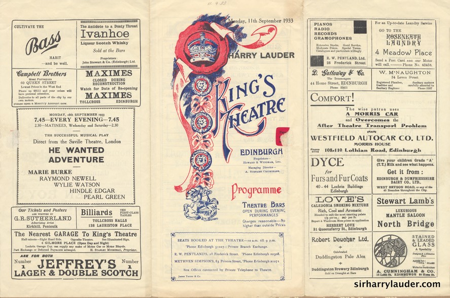 Kings Theatre Edinburgh Tri Fold Programme Sep 11 1933