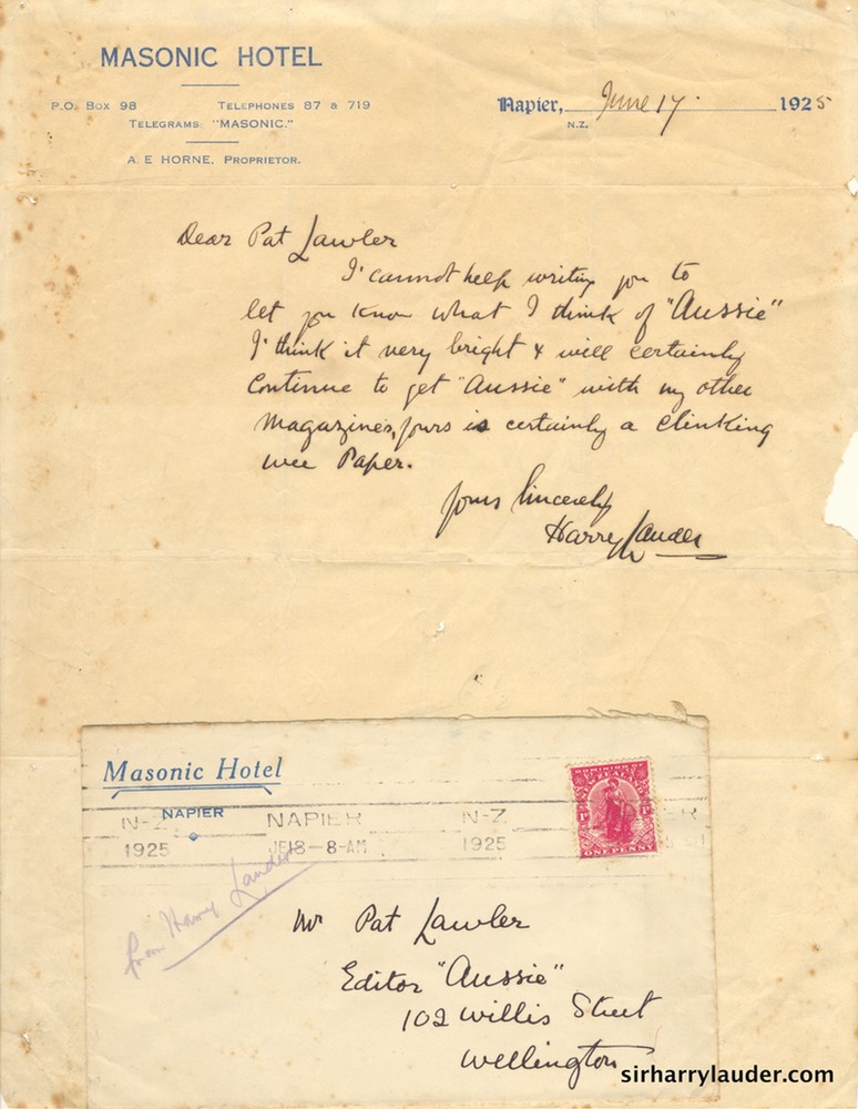 Letter & Envelope Handwritten To Pat Lawler Masonic Hotel Napier NZ Letterhead Jun 17 1925-001