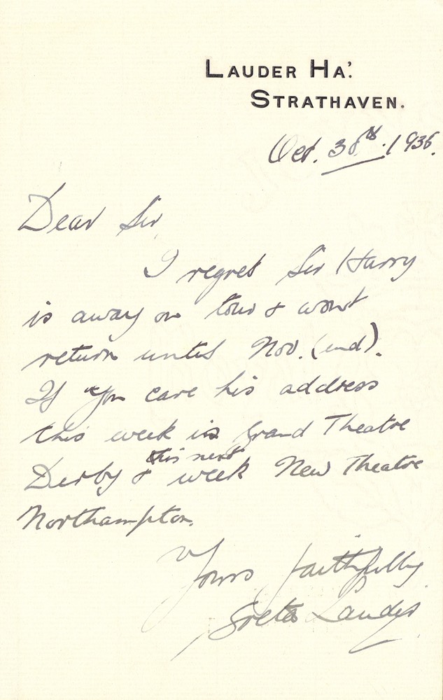 Letter Greta Lauder Handwriten To Mr Coleman? Oct 30 1935 