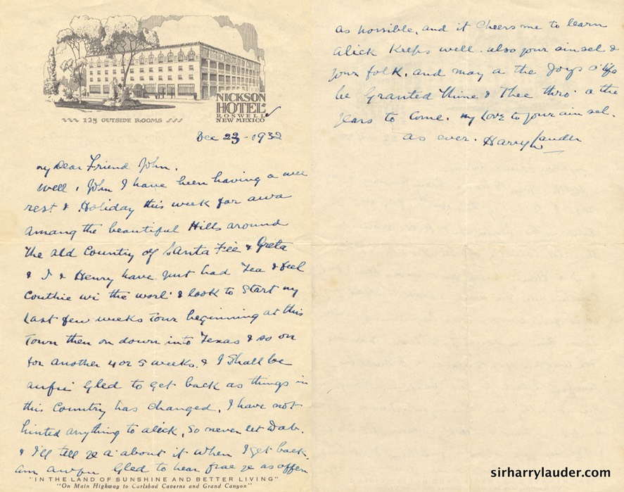 Letter Handwritten To John McKay On Nickson Hotel Roswell NM Letterhead Dec 23 1932