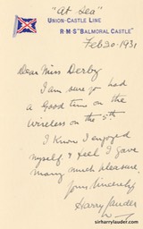 Letter handwritten To Miss Derby On RMS Balmoral Castle Letterhead At Sea Feb 20 1931-001