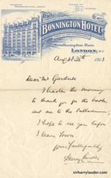 Letter Handwritten To Mr Gardner Letterhead Bonnington Hotel London Aug 26 1913-001