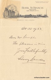 Letter Handwritten To Mr Sample Hotel St Francis SF Letterhead Oct 22 1923-001