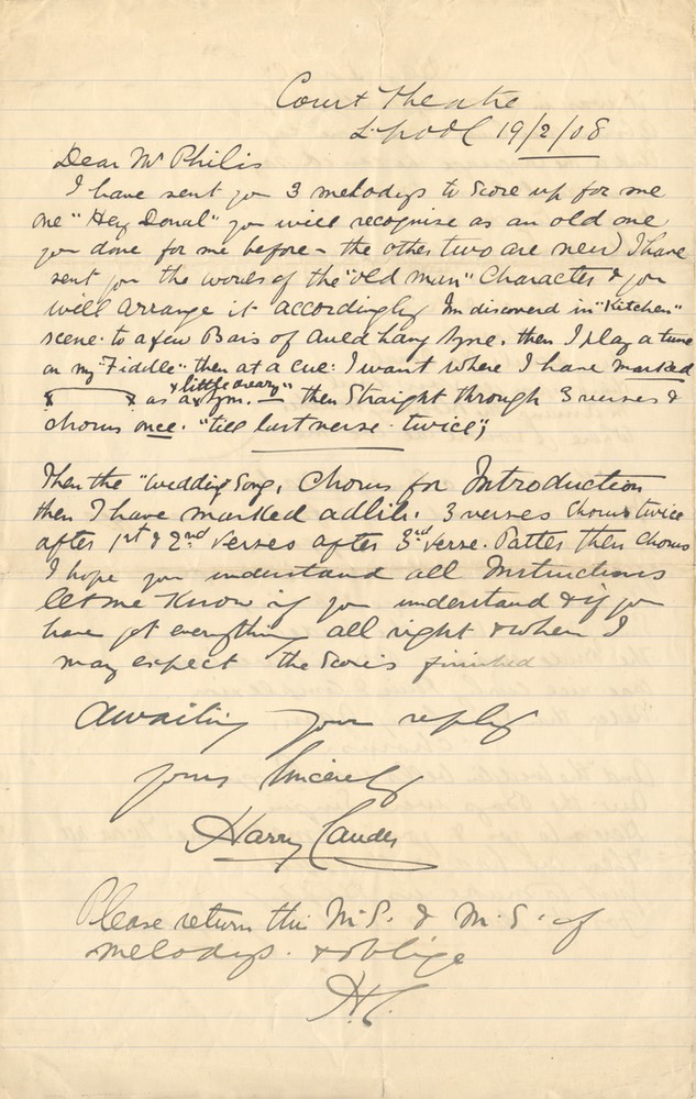 Letter Handwritten To Mr Philis By Sir Harry Court Theatre L Pool 19 2 08