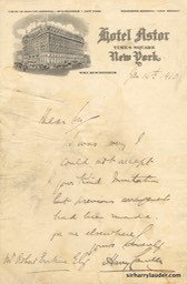 Letter Handwritten To Robert Erskine Hotel Astor NY Letterhead Jan 14 1910-001