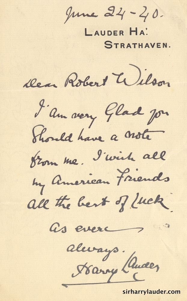 Letter handwritten To Robert Wilson On Lauder Ha Letterhead Jun 24 1940-001