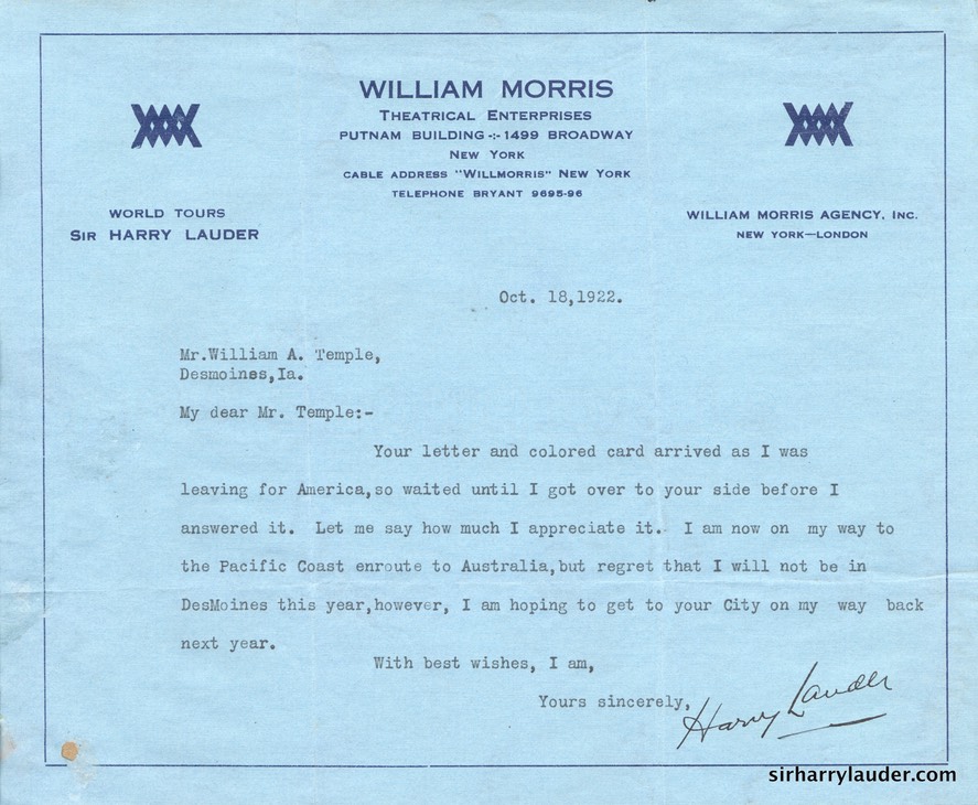 Letter Typewitten & Signed On Wm Morris Letterhead Ti WM Temple Includes Inscribed Photo PC Oct 1922 -002