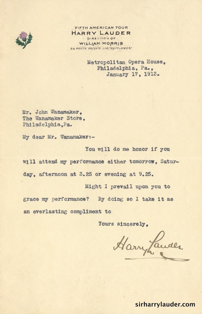 Letter Typewritten To John Wanamaker On Fifth American Tour Letterhead Jam 17 1913-001