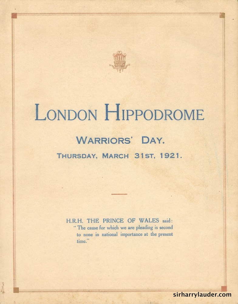 London Hippodrome Warriors' Day Programme Bi-Fold Mar 31 1921 -1
