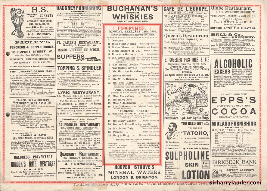 London Pavilion Programme Tri-Fold Feb 18 1901 Reverse