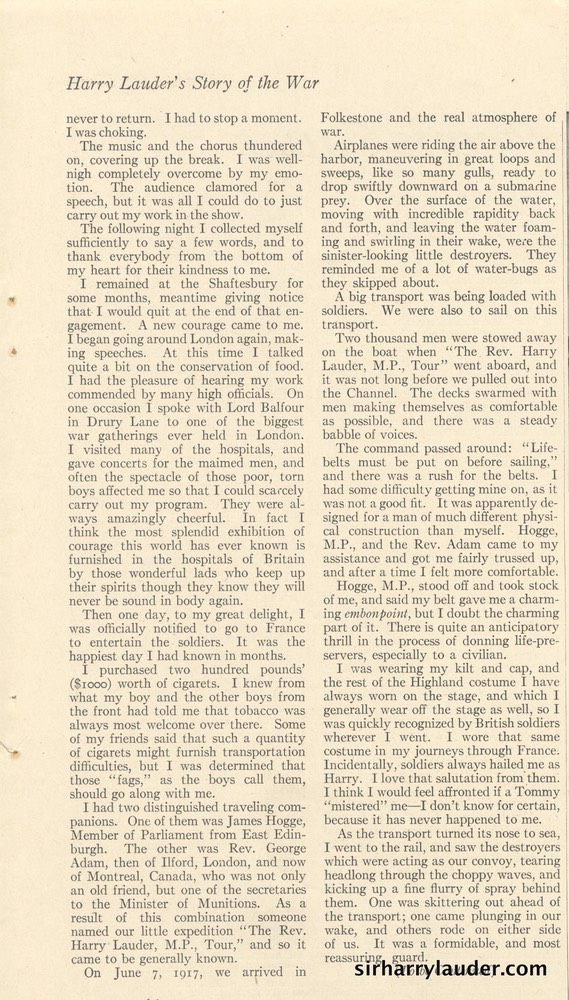 Magazine Article Hearsts Harry Lauders Story Of The War -3