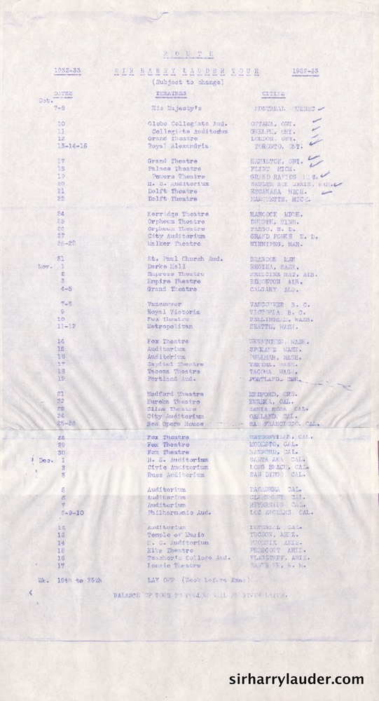 Mimeograph Sir Harry Lauder Tour Canada & US 1932-33