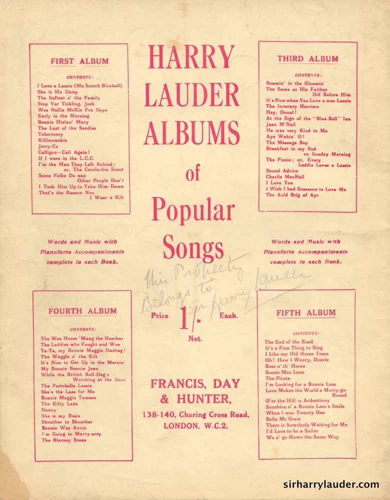 Music Booklet Inscribed In Pencil This Property Belongs To Sir Harry Lauder Francis & Days 2nd Album Harry Lauders Popular Songs London 1919 -2