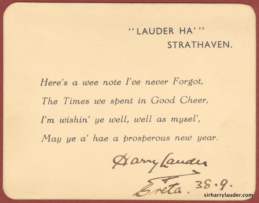 New Year Card Signed By Harry & Greta Lauder Dated 38 9