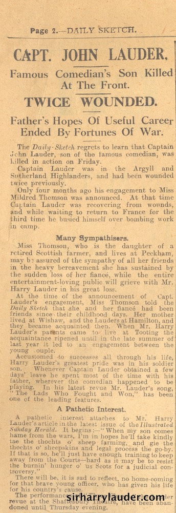 Newspaper Daily Sketch Death of John Lauder Jan 2 1917 -2