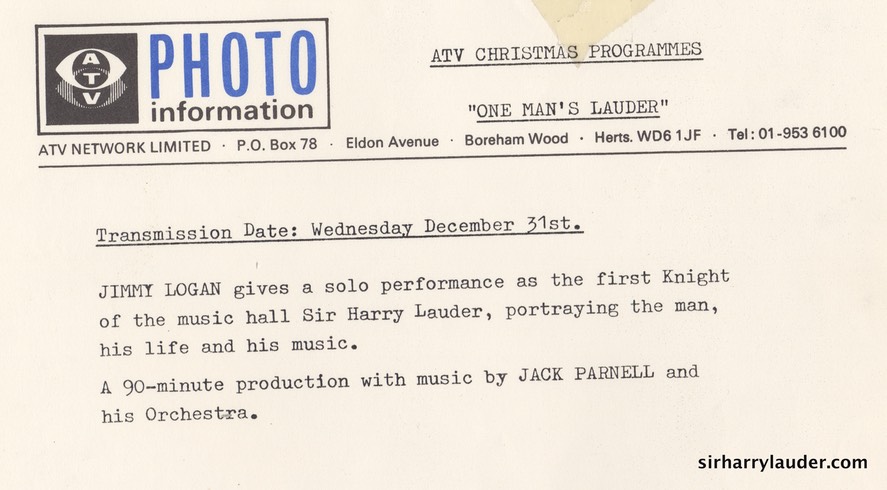 Photo Jimmy Logan Show One Mans Lauder TV Show Dec 31 19?? Reverse