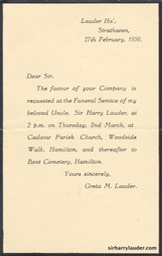 Printed Invitation From Greta Lauder To The Funeral Of Sir Harry Lauder 27 Feb 1950