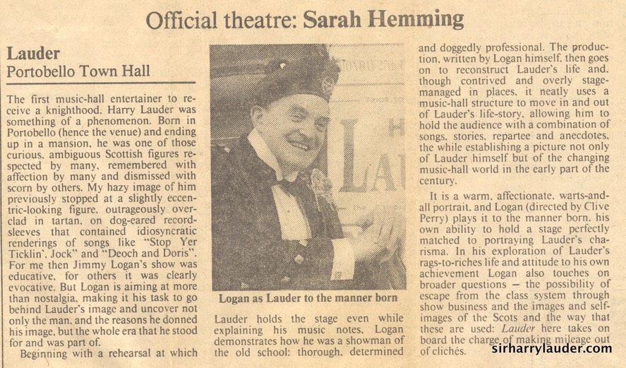Review Of Jimmy Logan Show Lauder London Times Aug 22 1986