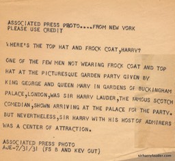 Sir Harry at Buckingham Palace 1931 Reverse 1