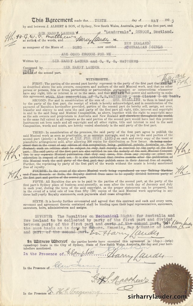 Song Publishing Agreement Signed & Initialed By Sir Harry 10 May 1923 -2