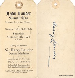 Tag For Lady Lauder Tea Saranac Lake NY Verso Signed By Sir Harry Oct 8 1921**