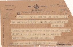 Telegram Message Birthday Greetings From  Brendan Bracken 3 Aug 1944 